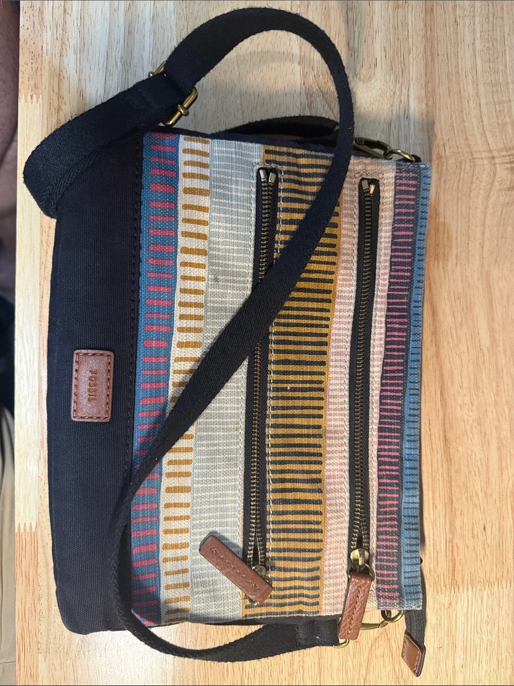 Fossil Men’s Navy Canvas Messenger with Multicolor Stripe Panel